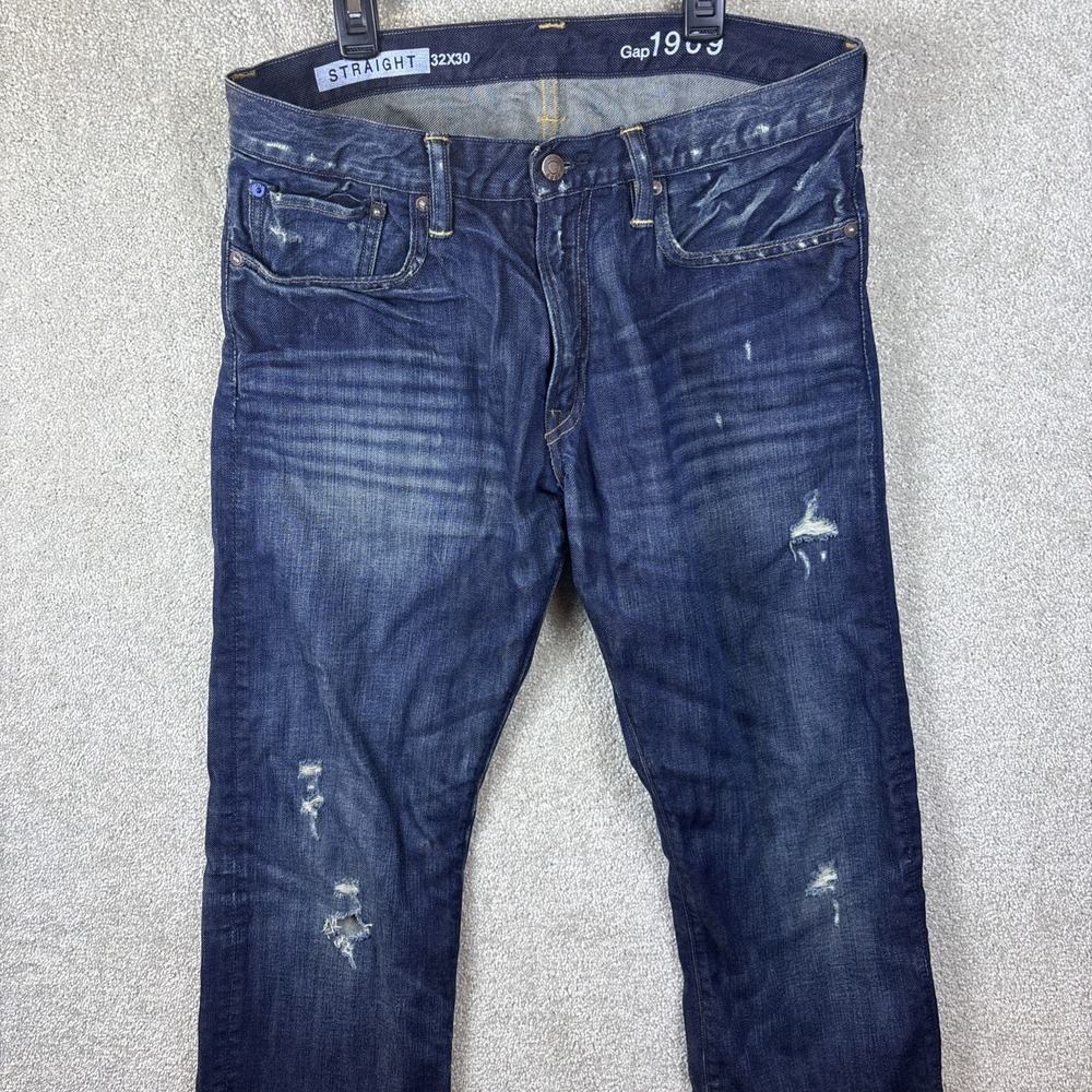 Gap 1969 Straight‎ Jeans Mens 32x30 Blue Distressed Thrashed Grunge Denim Pants
